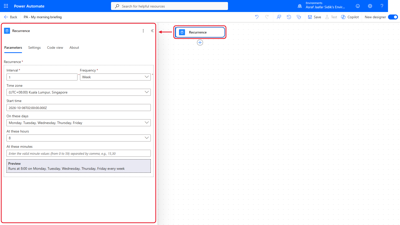 Your flow so far after 8.1: the settings panel on the left and the canvas on the right