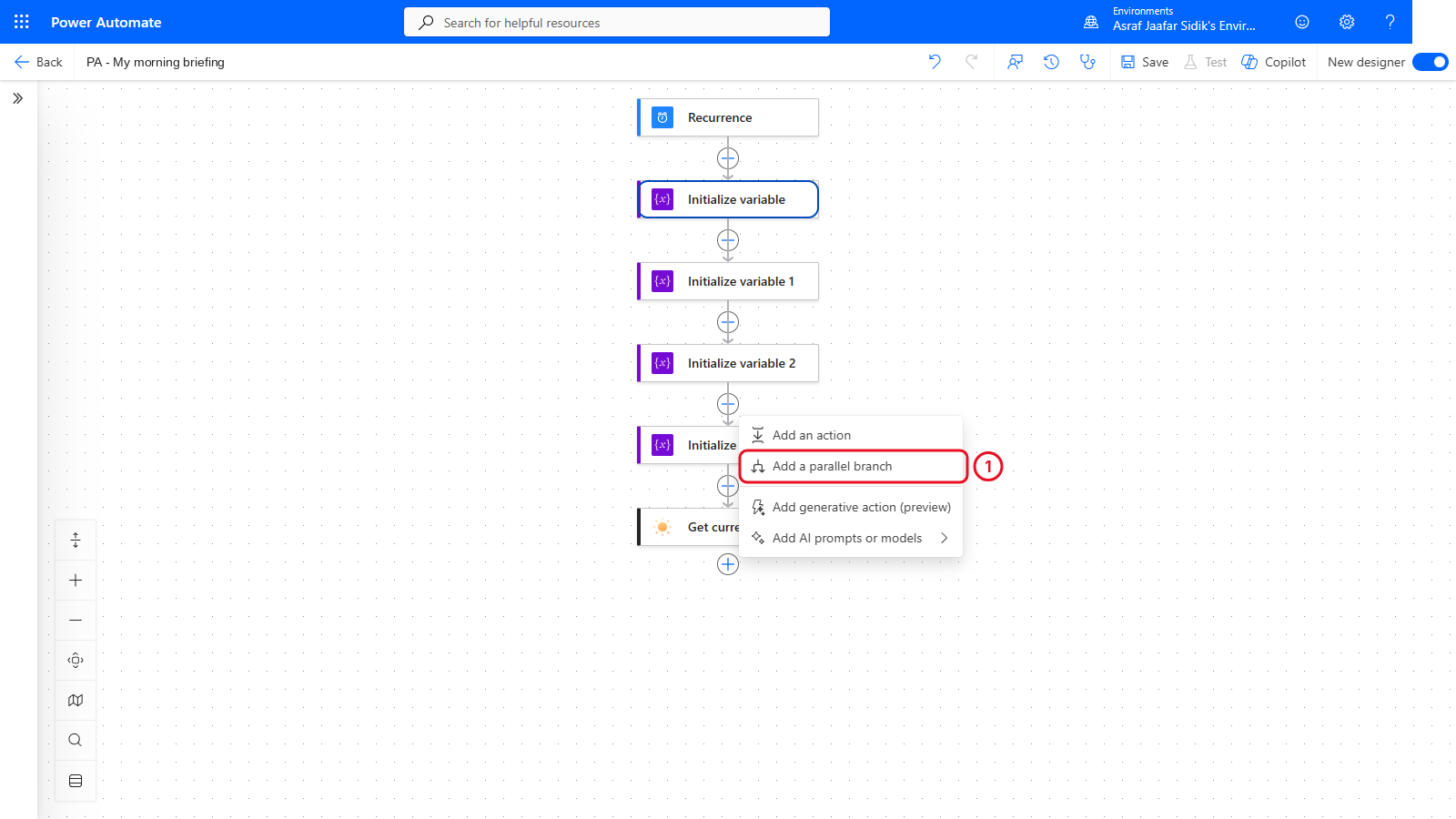 The plus menu between two actions showing Add an action and Add a parallel branch