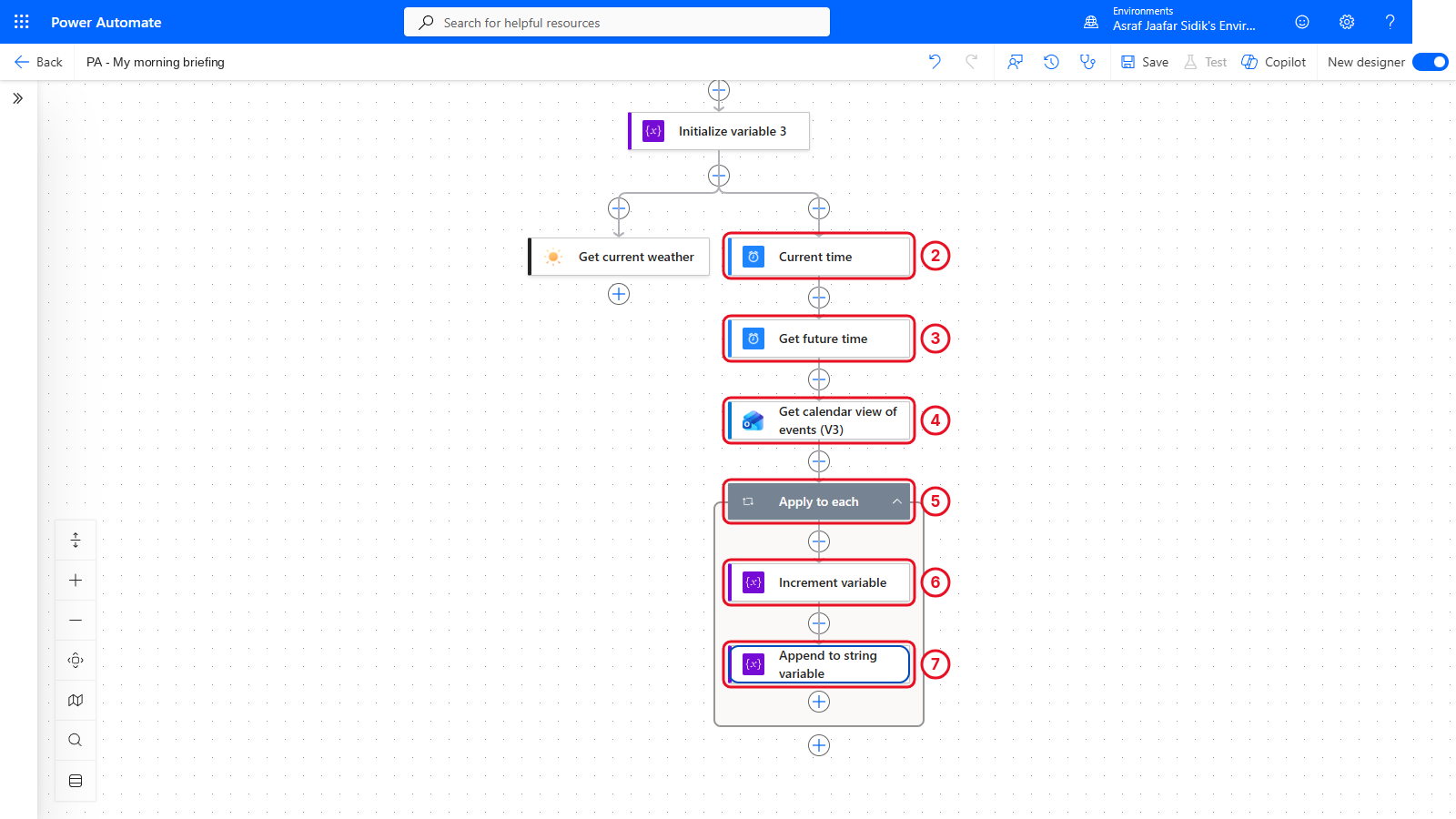 The meetings branch: Current time, Get future time, Get calendar view of events, and a loop with Increment variable and Append to string variable