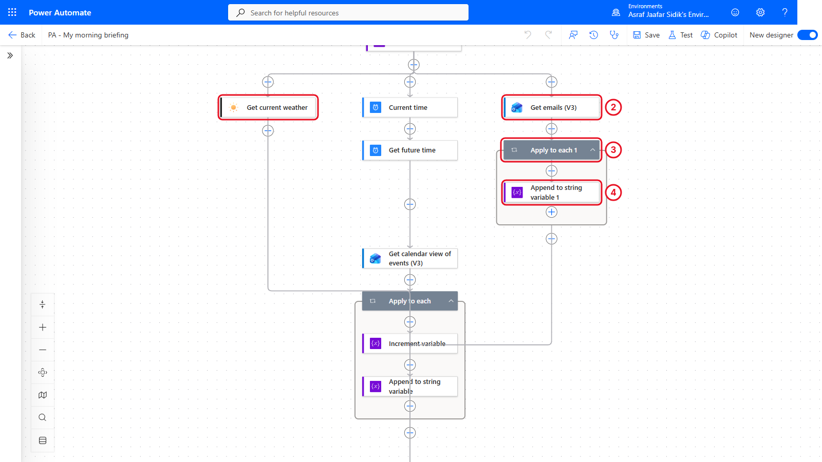 Three branches side by side: weather, meetings and email