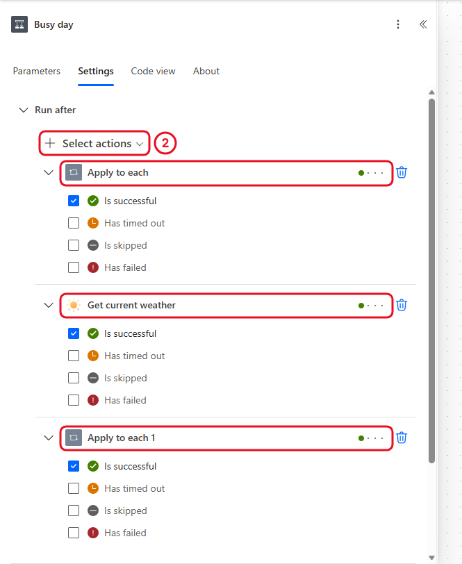 Busy day with the Settings tab open, showing Run after set to Apply to each, Get current weather and Apply to each 1