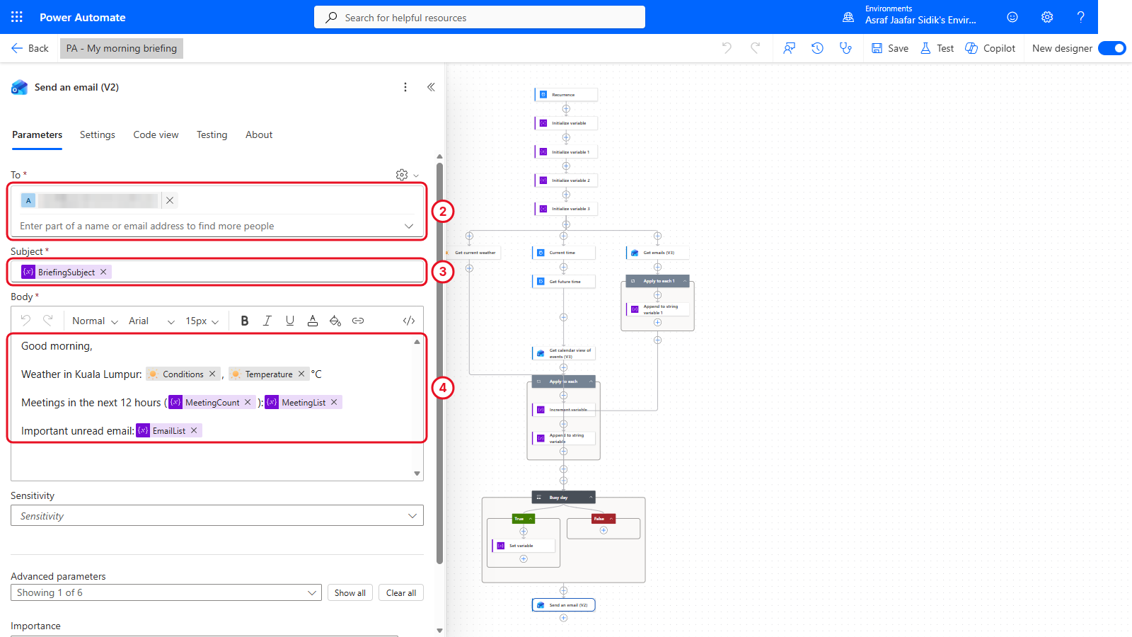 Send an email (V2) with BriefingSubject in the subject and the body built from weather values and variables