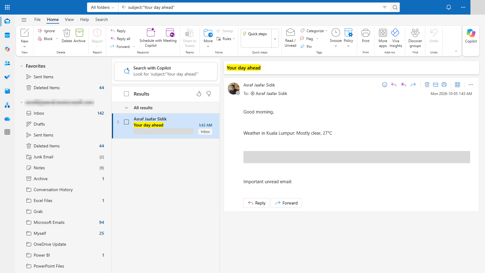 The briefing email in Outlook showing weather, the meeting list and important unread email