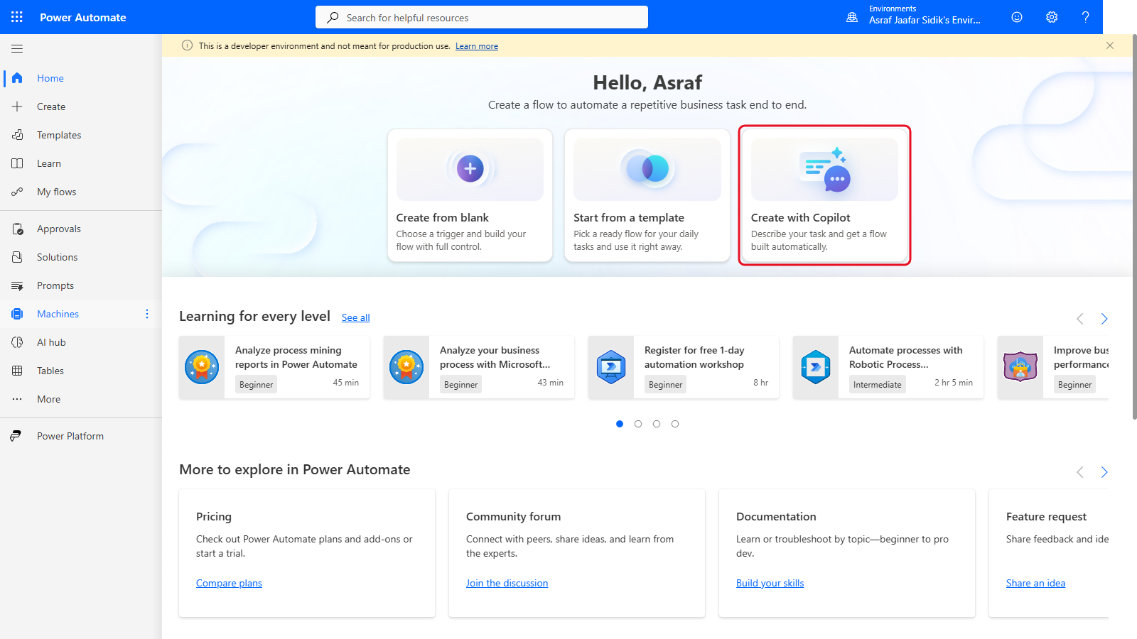 Power Automate home page with the Create with Copilot box