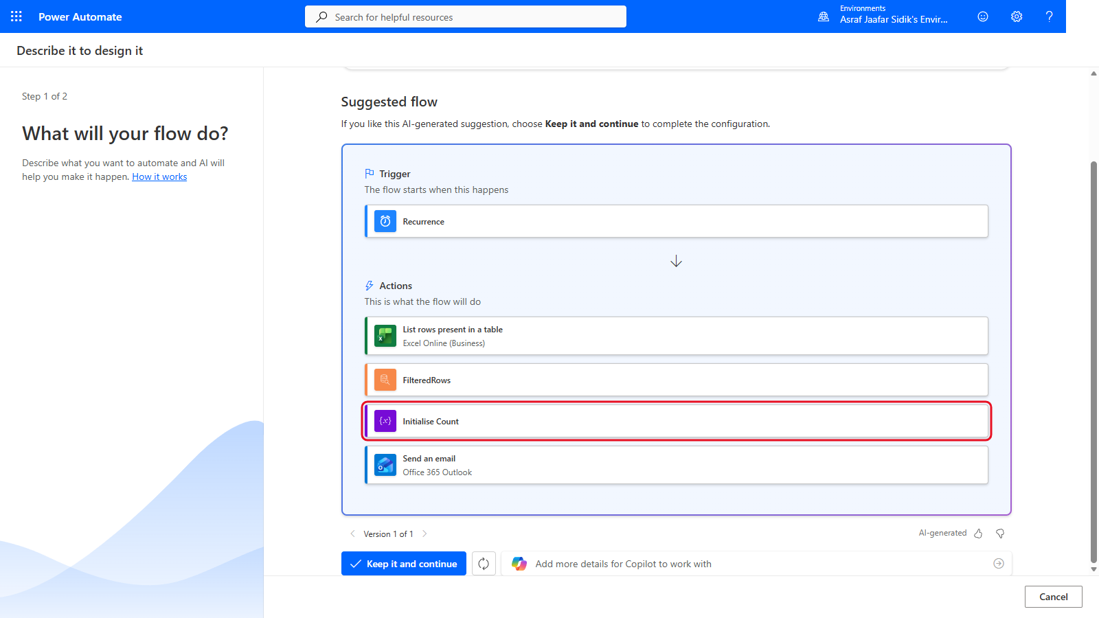 Copilot's first suggested flow with Recurrence, List rows, FilteredRows, Initialise Count and Send an email