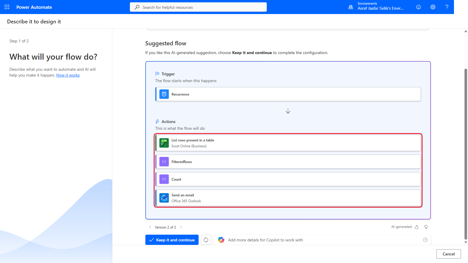 Copilot's second suggestion with Recurrence, List rows, FilteredRows, Count and Send an email
