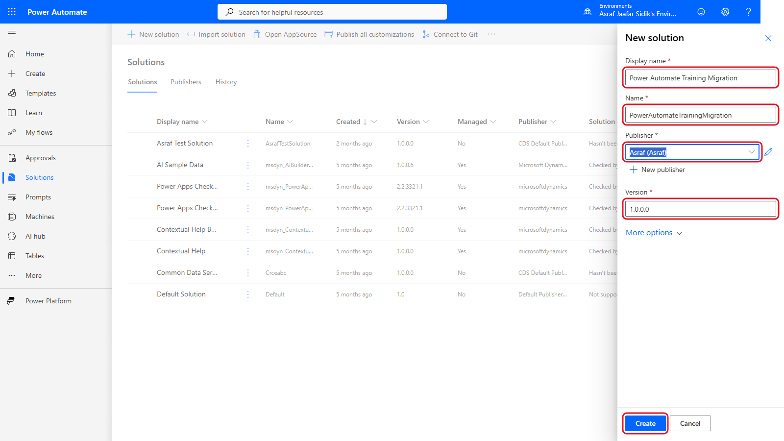 New solution panel with display name Power Automate Training Migration, name, publisher and version 1.0.0.0
