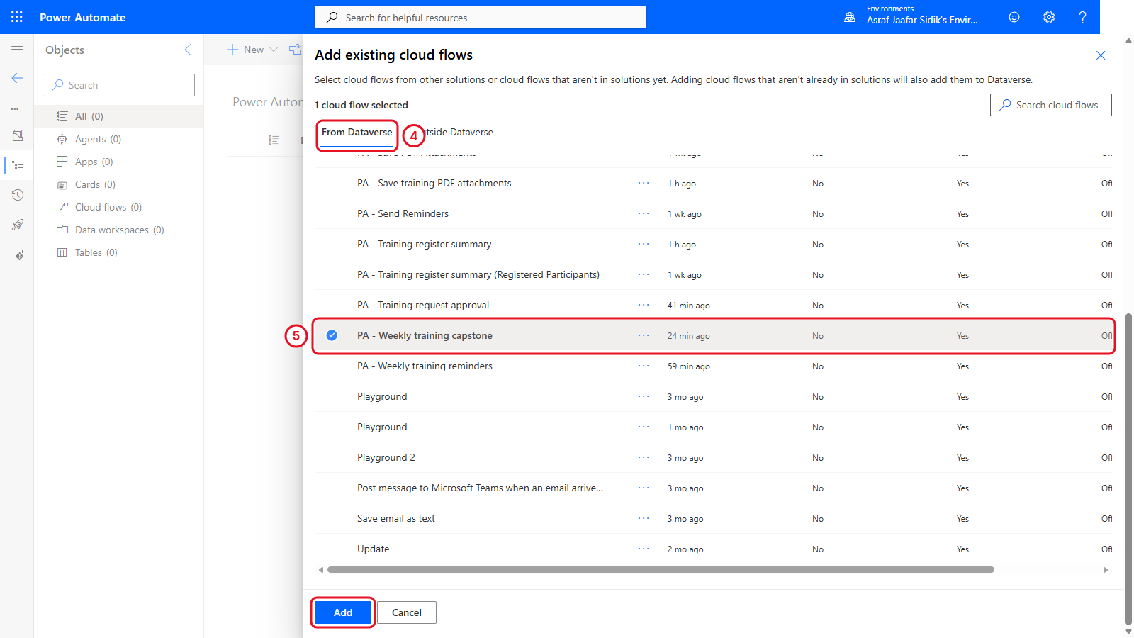 Add existing cloud flows panel with PA - Weekly training capstone selected