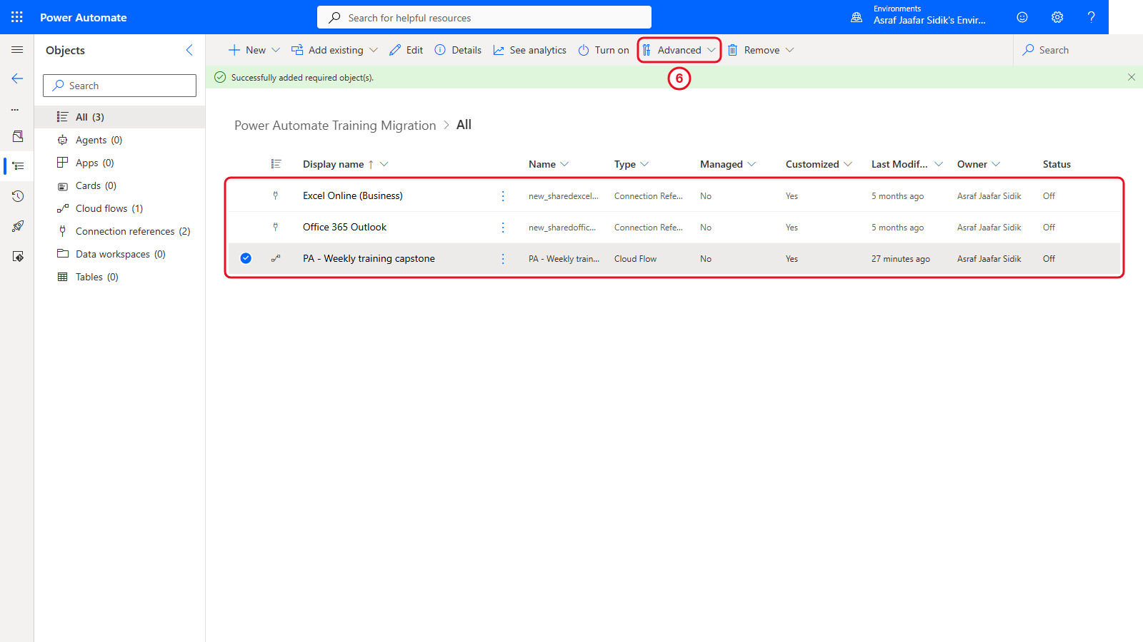 Solution object list showing the capstone cloud flow and two connection references