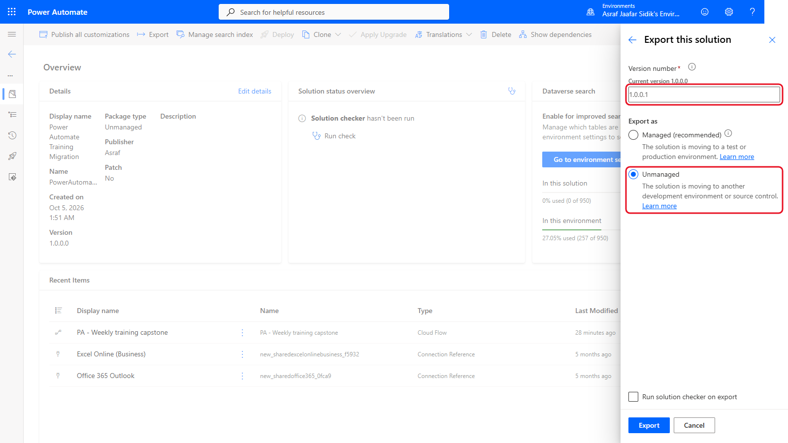 Export solution panel with Unmanaged selected and the suggested version number