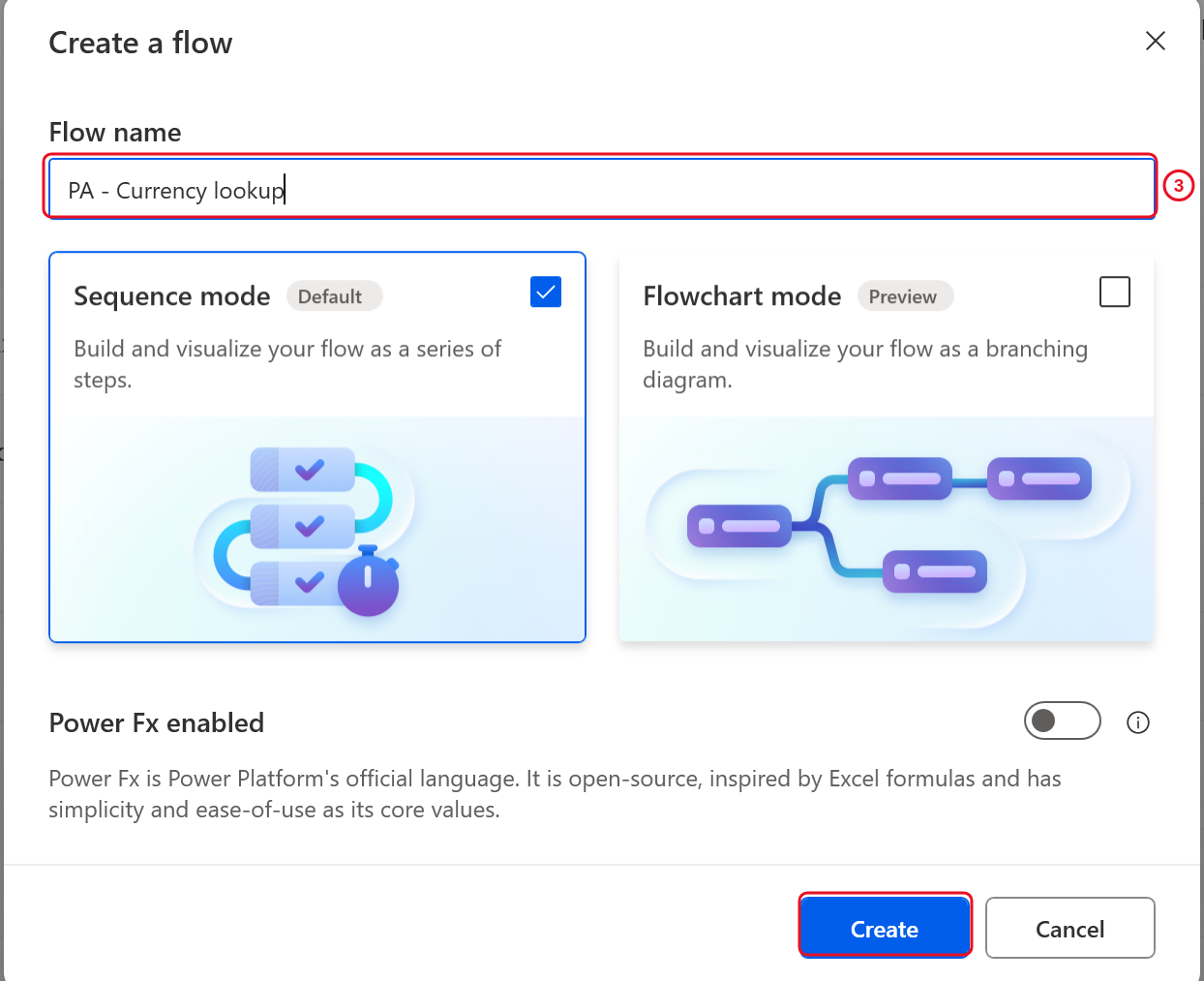 The Create a flow dialog with PA - Currency lookup in Flow name, Sequence mode selected and the Create button