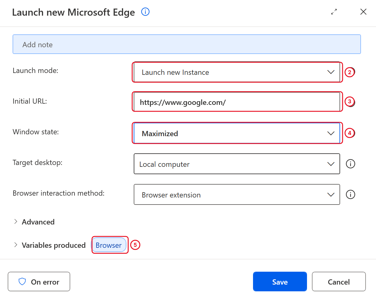 Launch new Microsoft Edge with Launch new instance, the Google URL, Window state Maximized and the Browser variable