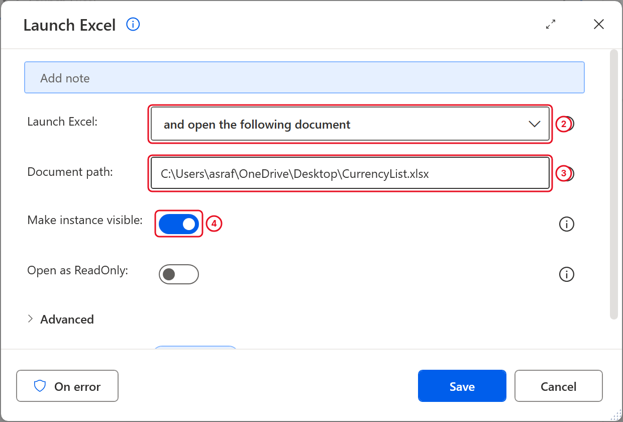 Launch Excel set to and open the following document, with the path to CurrencyList.xlsx and Make instance visible on