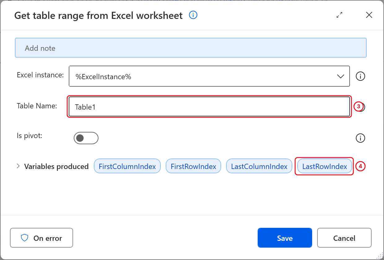 Get table range from Excel worksheet with Table Name Table1 and four variables produced, LastRowIndex boxed