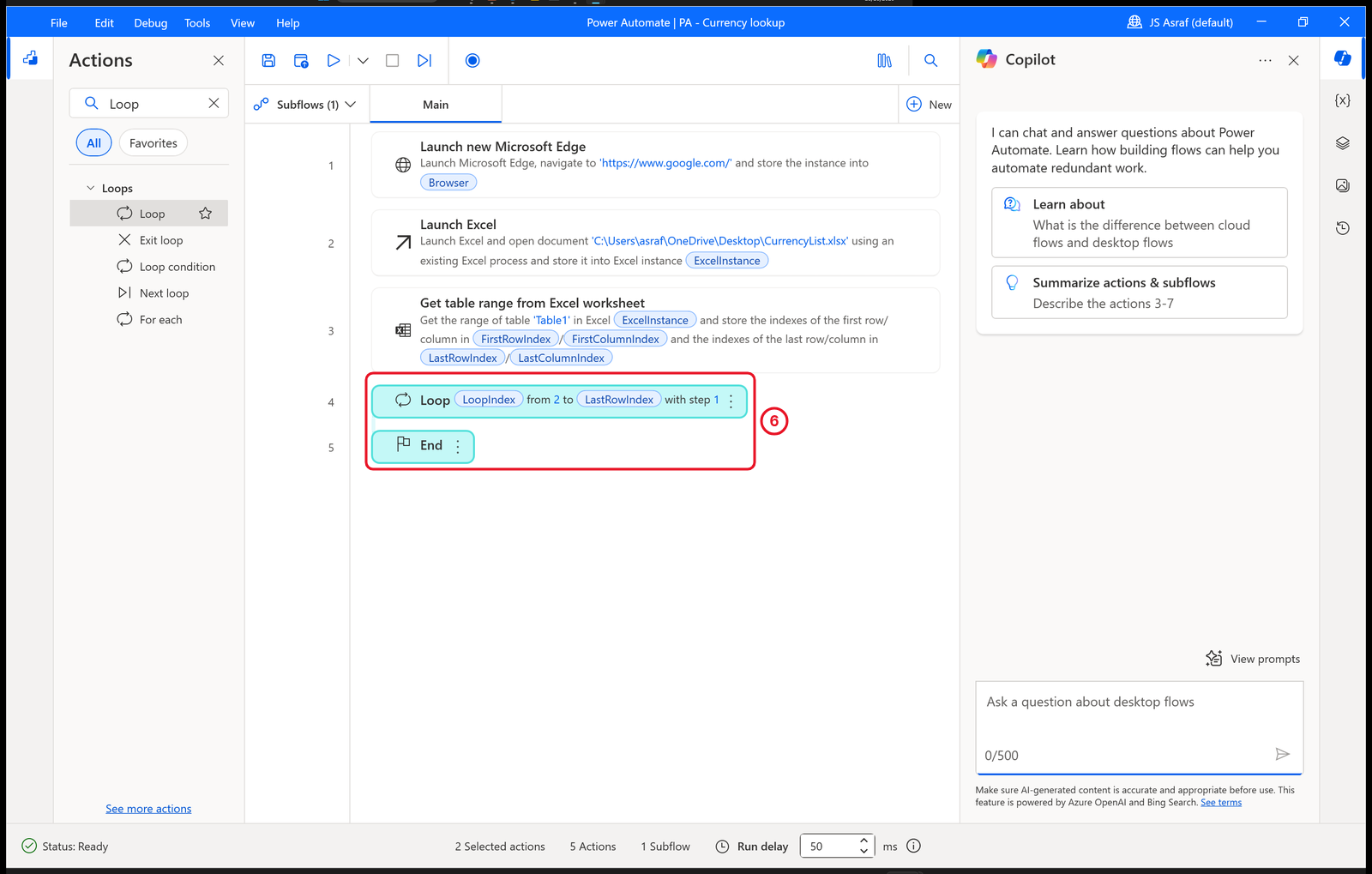 The designer with Launch new Microsoft Edge, Launch Excel, Get table range, then Loop and End