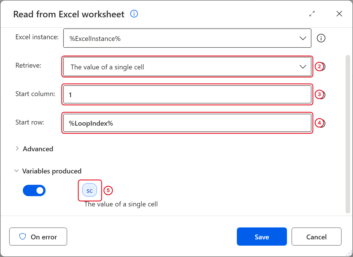 Read from Excel worksheet with The value of a single cell, Start column 1, Start row %LoopIndex% and the variable renamed sc