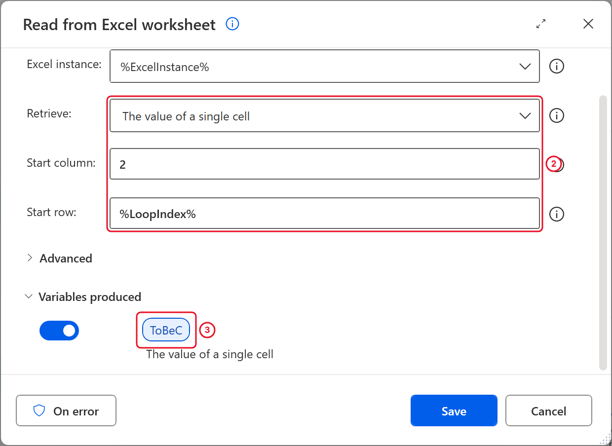 Read from Excel worksheet with Start column 2, Start row %LoopIndex% and the variable renamed ToBeC