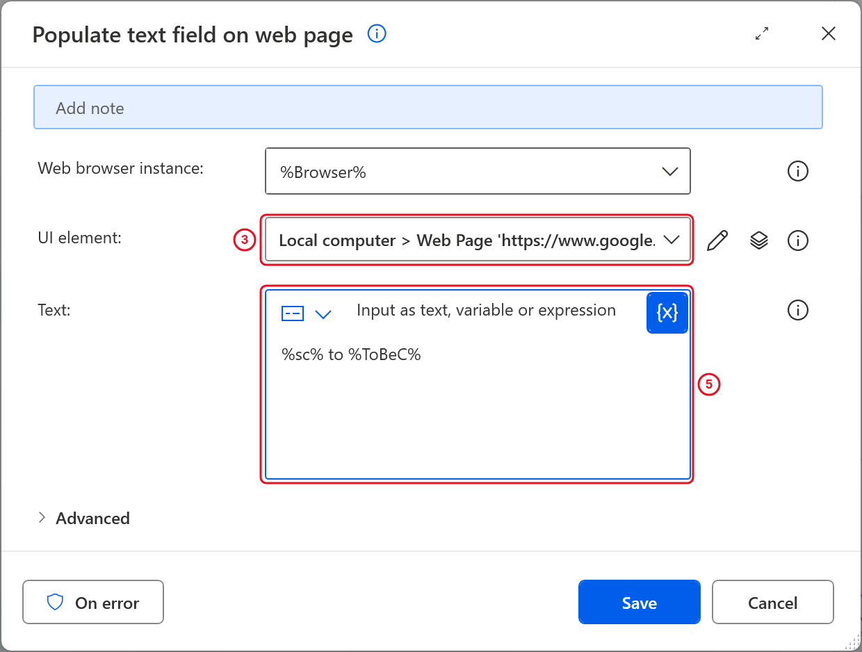 Populate text field on web page with the Google search box as the UI element and %sc% to %ToBeC% in Text