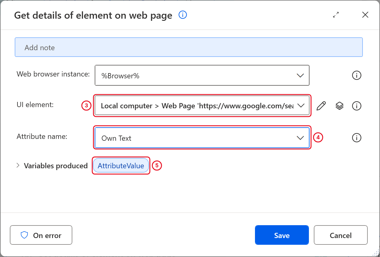 Get details of element on web page with the Google converter field as the UI element, Attribute name Own Text and the AttributeValue variable