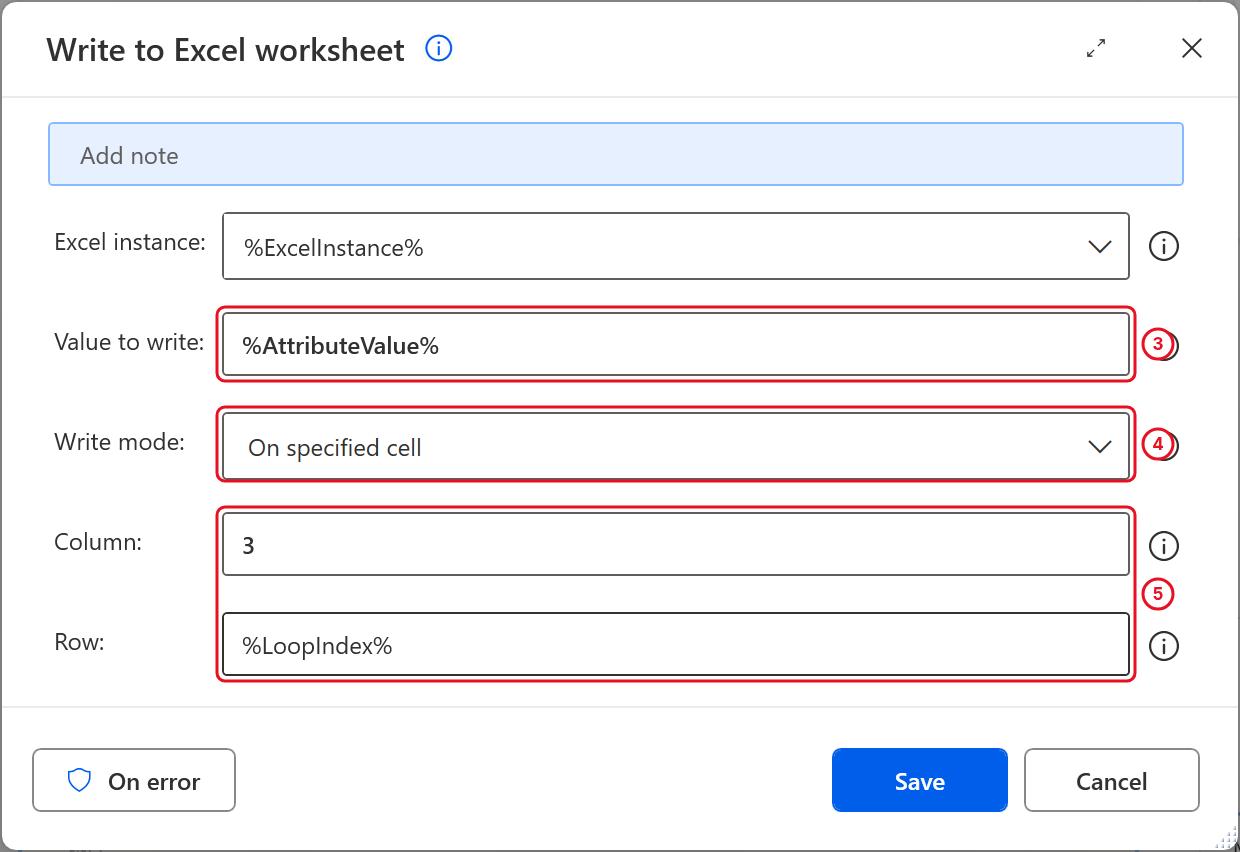 Write to Excel worksheet with %AttributeValue%, On specified cell, Column 3 and Row %LoopIndex%