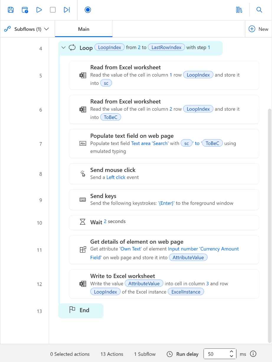 The finished desktop flow scrolled down, actions 4 to 13: the Loop, its steps through Get details of element on web page and Write to Excel worksheet, then End