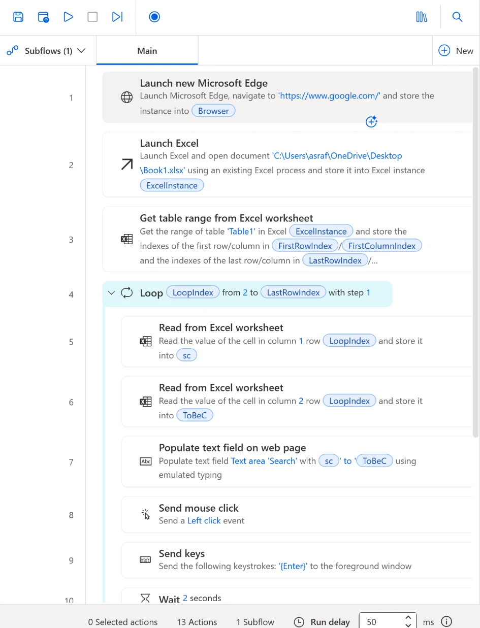The finished desktop flow, actions 1 to 10: Launch new Microsoft Edge, Launch Excel, Get table range, then the Loop with two Read from Excel worksheet actions, Populate text field on web page, Send mouse click, Send keys and Wait