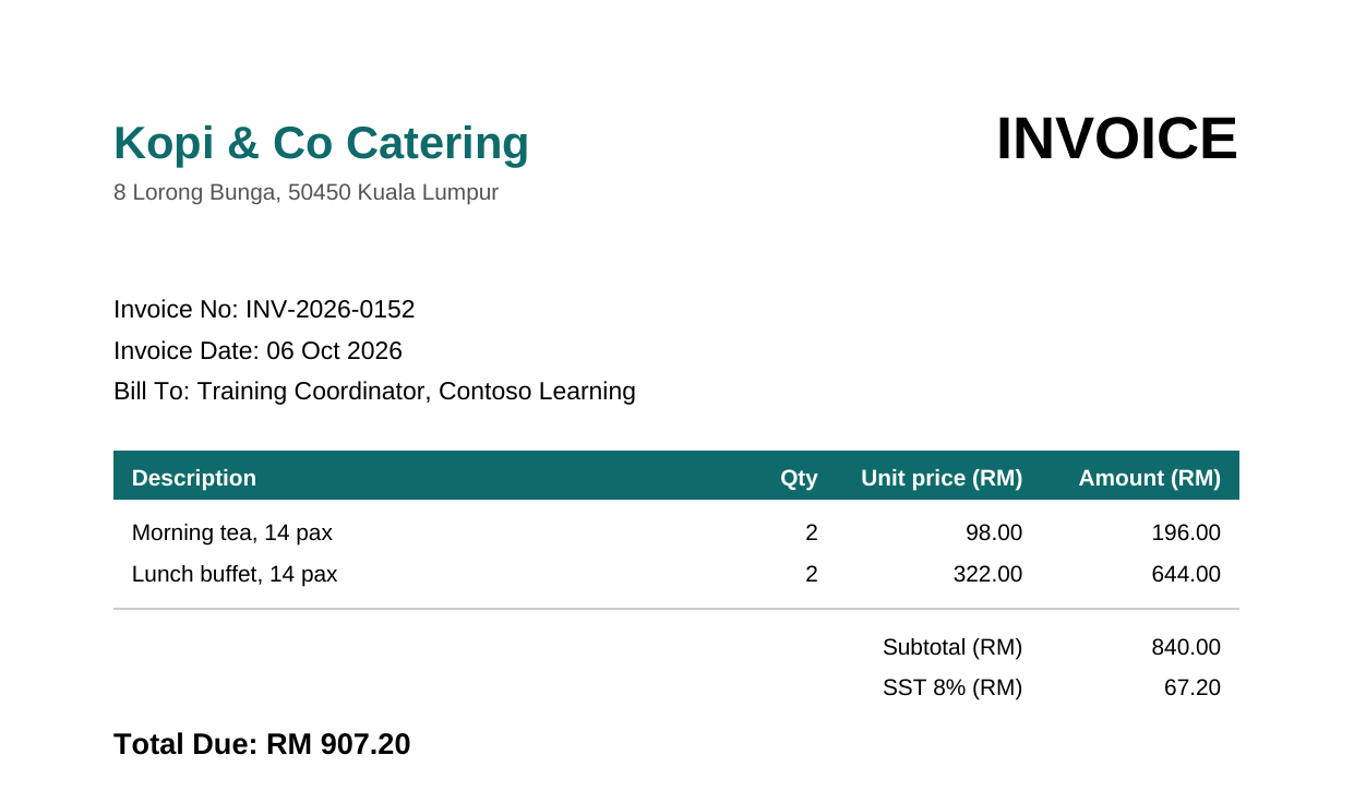 The top of a sample invoice from Kopi & Co Catering showing Invoice No INV-2026-0152, Invoice Date 06 Oct 2026, two line items and Total Due RM 907.20