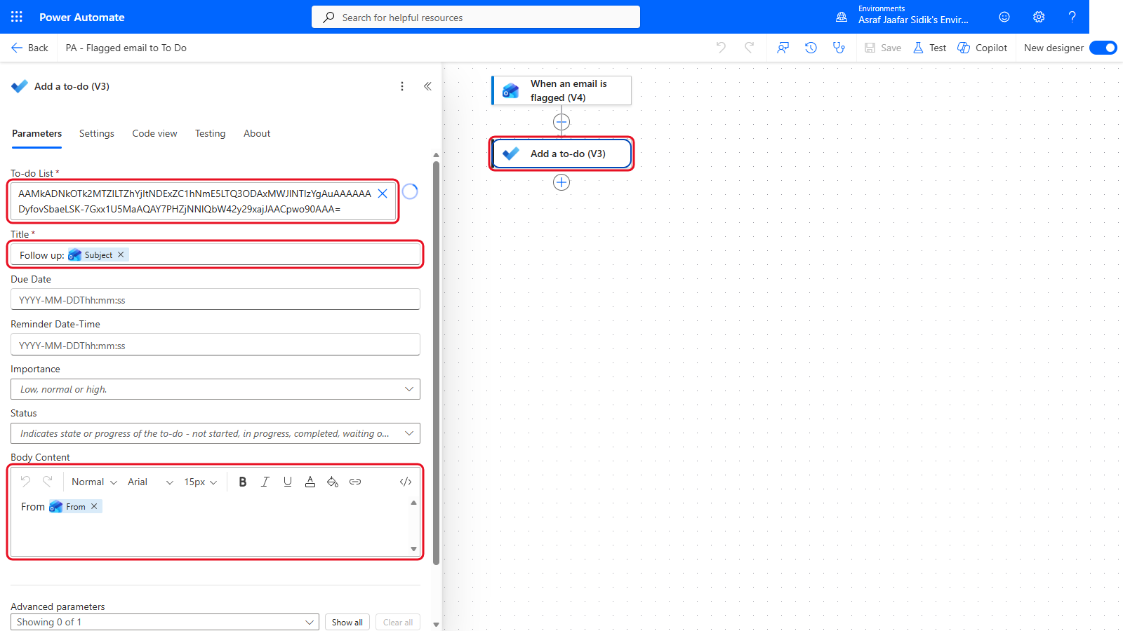 Add a to-do with the Tasks list, a title built from Follow up and the Subject token, and the From token in the body
