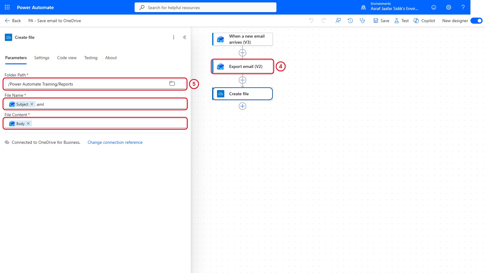Export email and Create file actions with the Reports folder, Subject.eml as the file name and the exported body as content