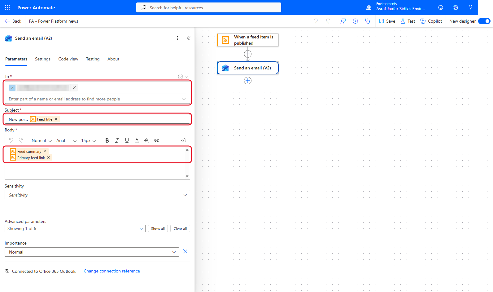 RSS trigger with the blog feed URL and Send an email with the feed title, summary and link