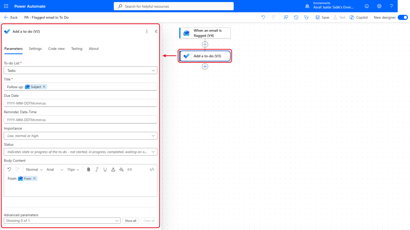 Your flow so far after A: the settings panel on the left and the canvas on the right