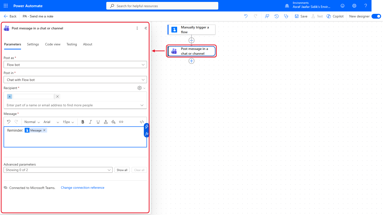 Your flow so far after B: the settings panel on the left and the canvas on the right