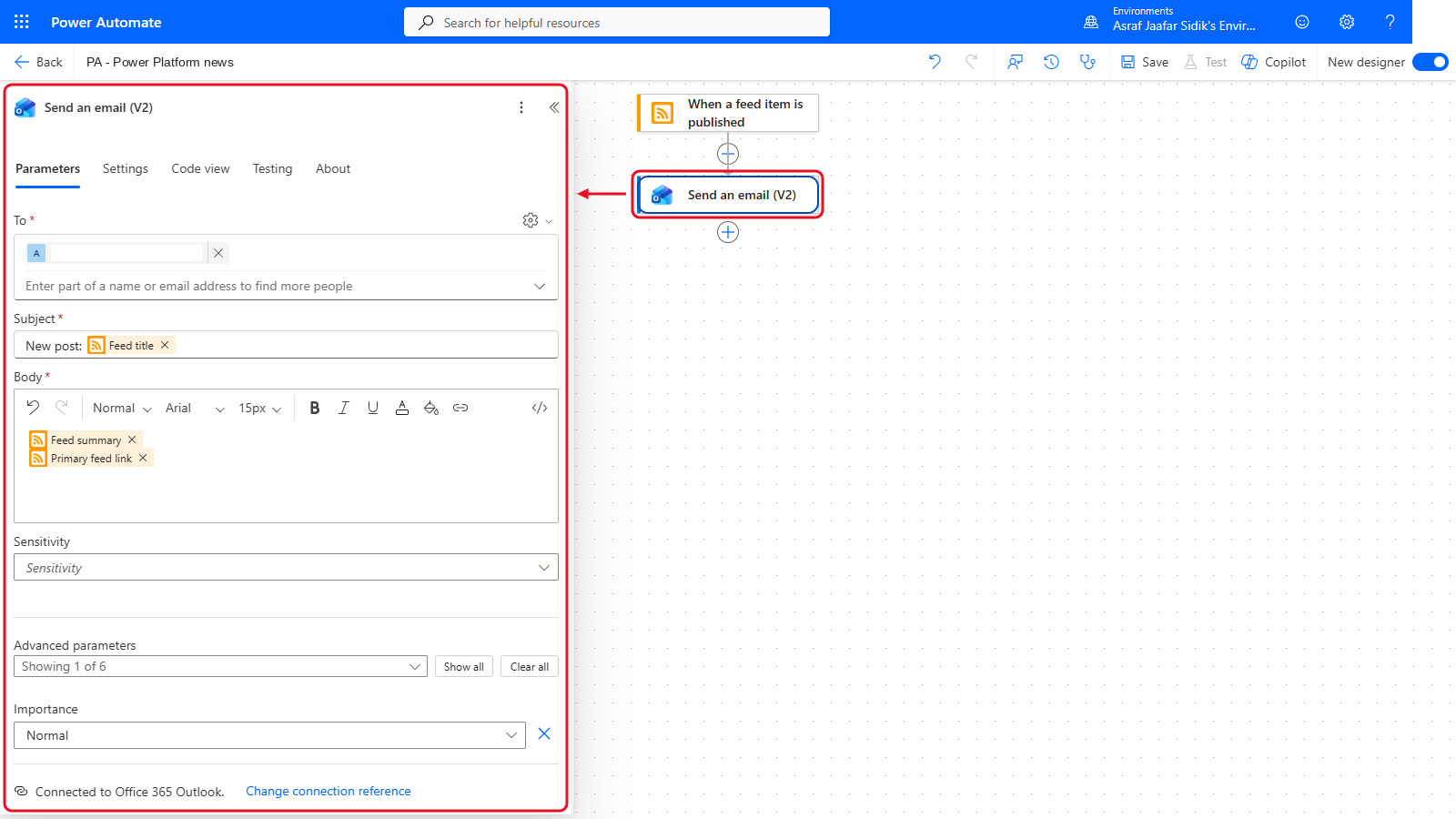 Your flow so far after D: the settings panel on the left and the canvas on the right