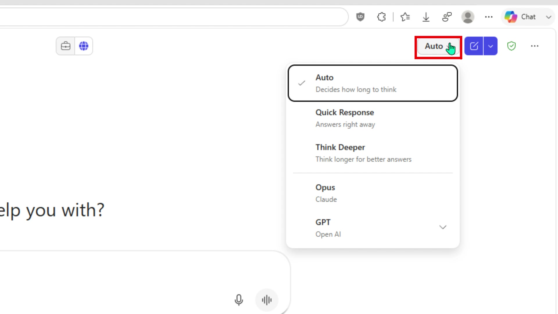 Model picker dropdown showing Auto, Quick Response, Think Deeper, Opus, and GPT
