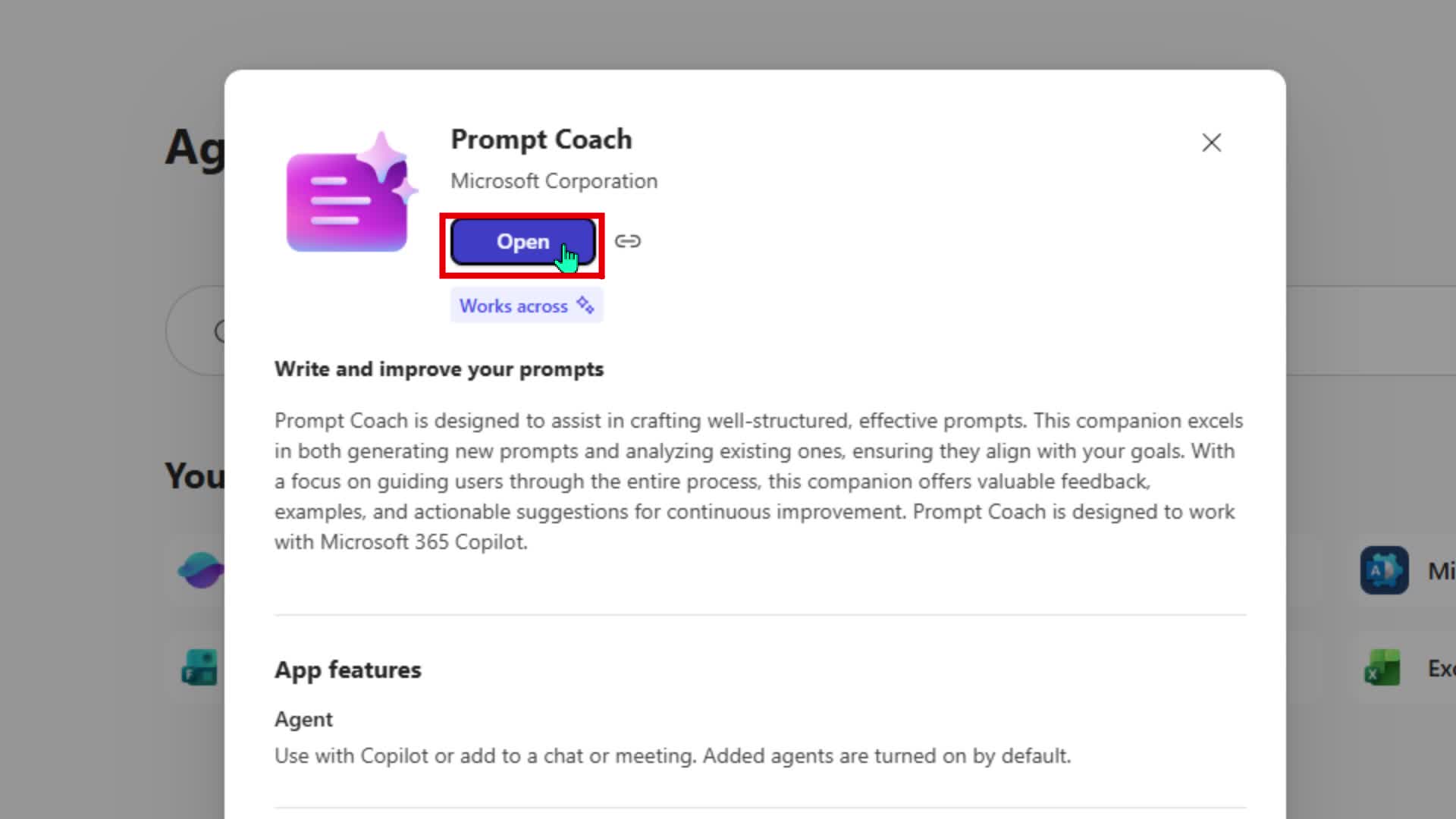 Prompt Coach detail card in the Agent Store with the Open button highlighted