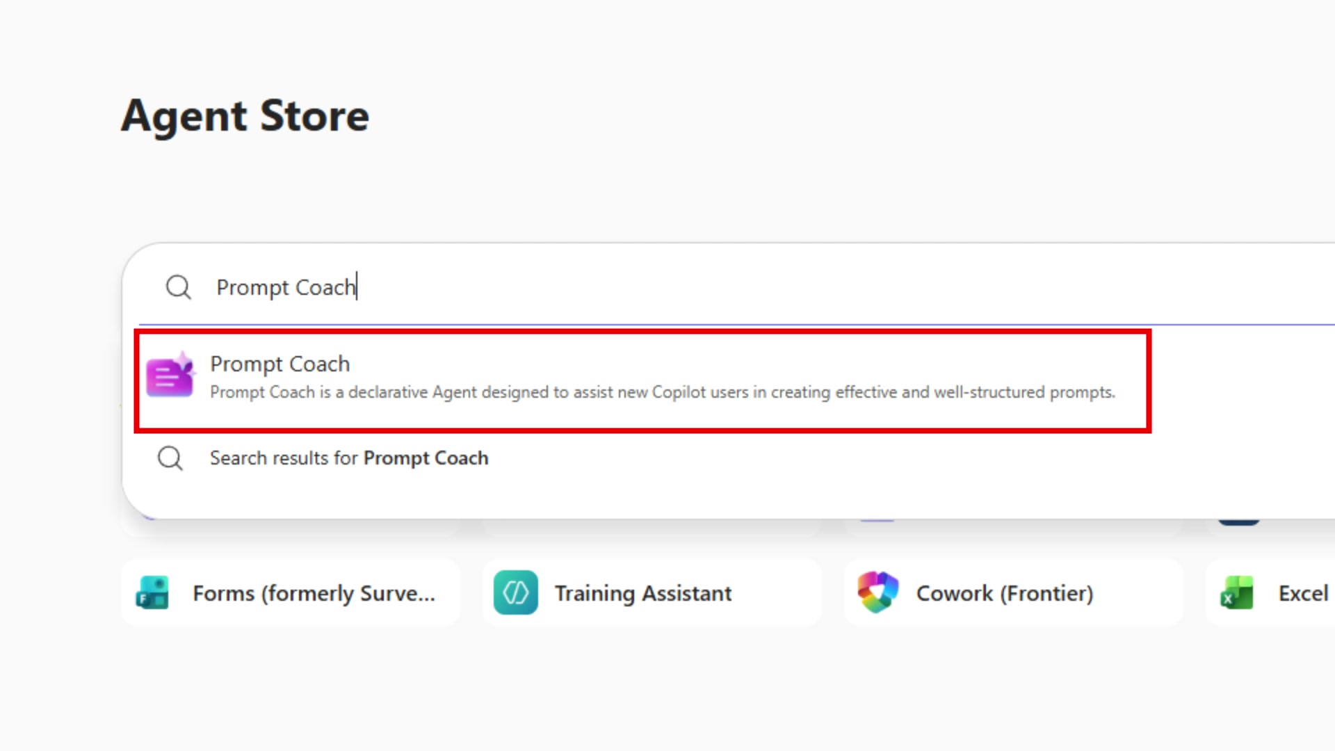 Agent Store search showing Prompt Coach result highlighted