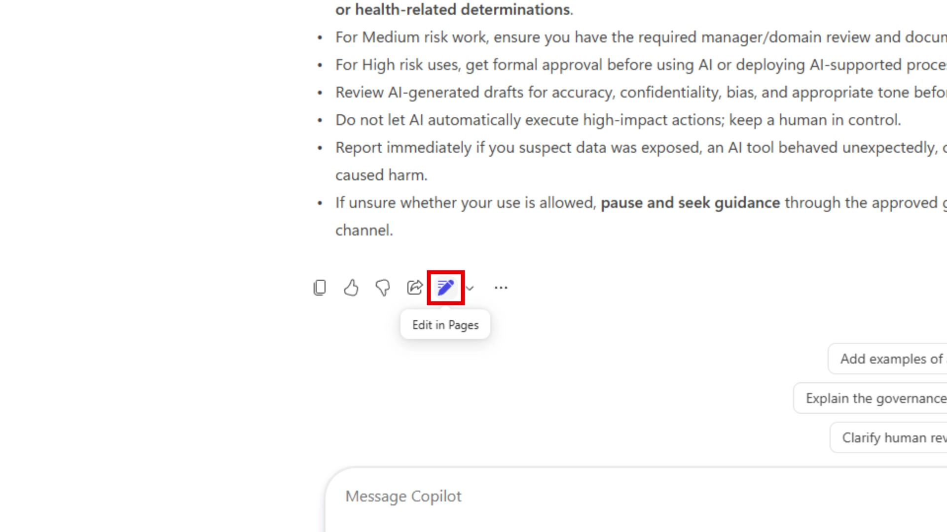 Close-up of the Edit in Pages icon highlighted with a red box, showing the Edit in Pages tooltip
