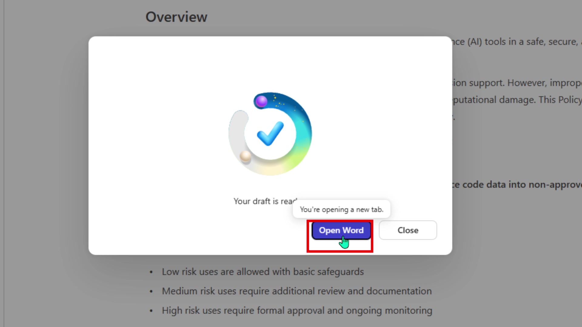 Confirmation dialog showing "Your draft is ready" with the Open Word button highlighted in a red box