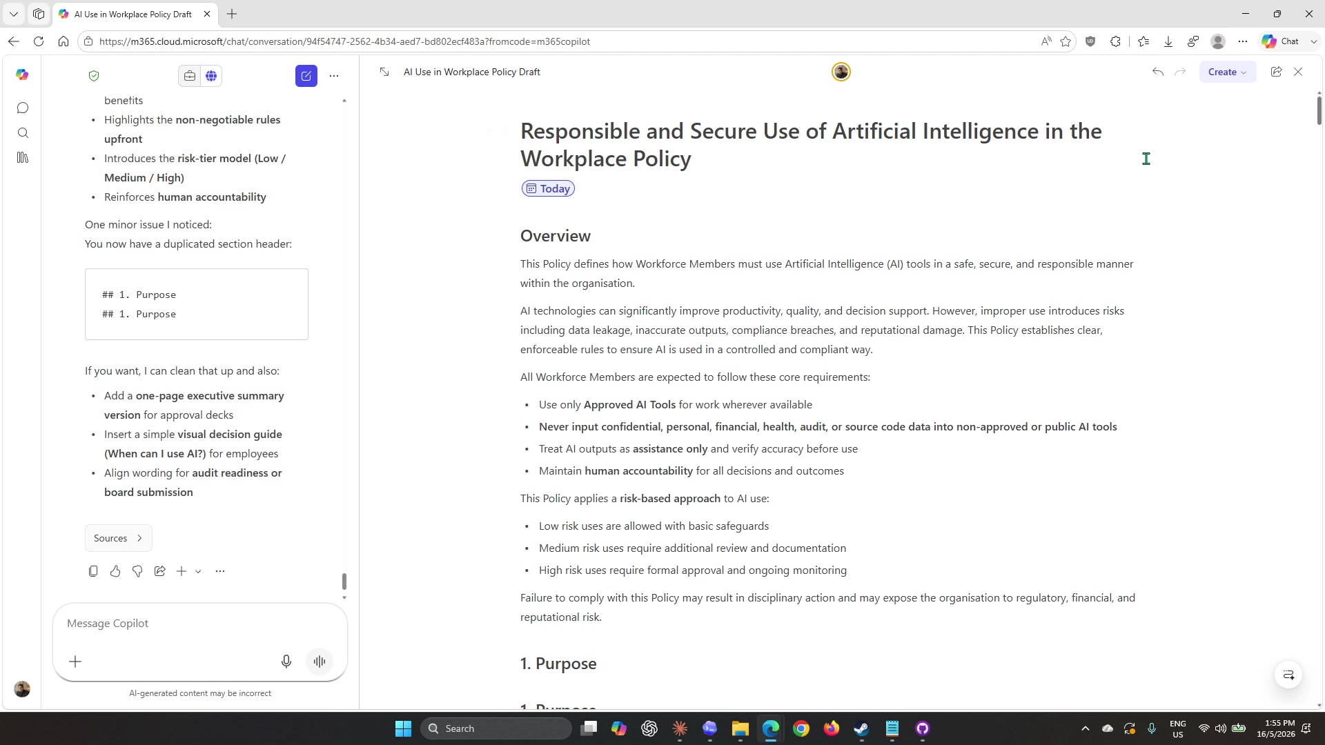 Completed split view with the chat panel on the left showing Copilot's notes and the full Pages document on the right