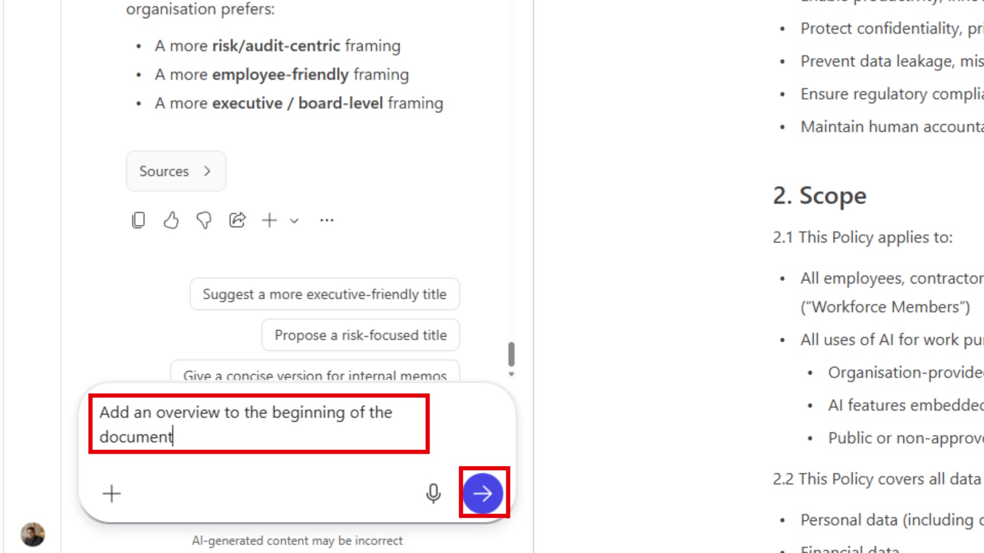 Chat panel showing the overview prompt typed and highlighted with a red box, send button highlighted