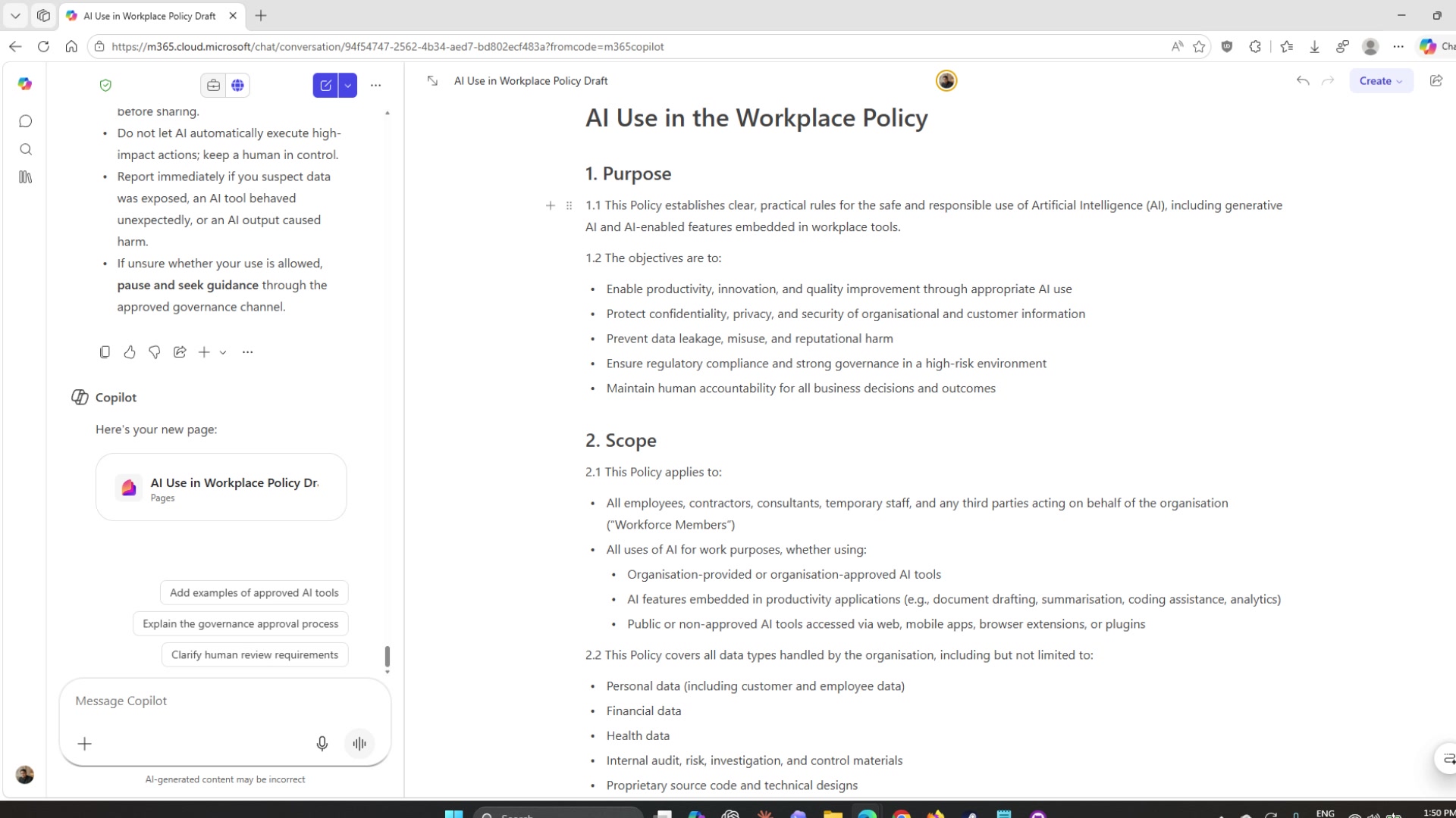 Split view with Copilot Chat on the left and the Pages document loaded on the right
