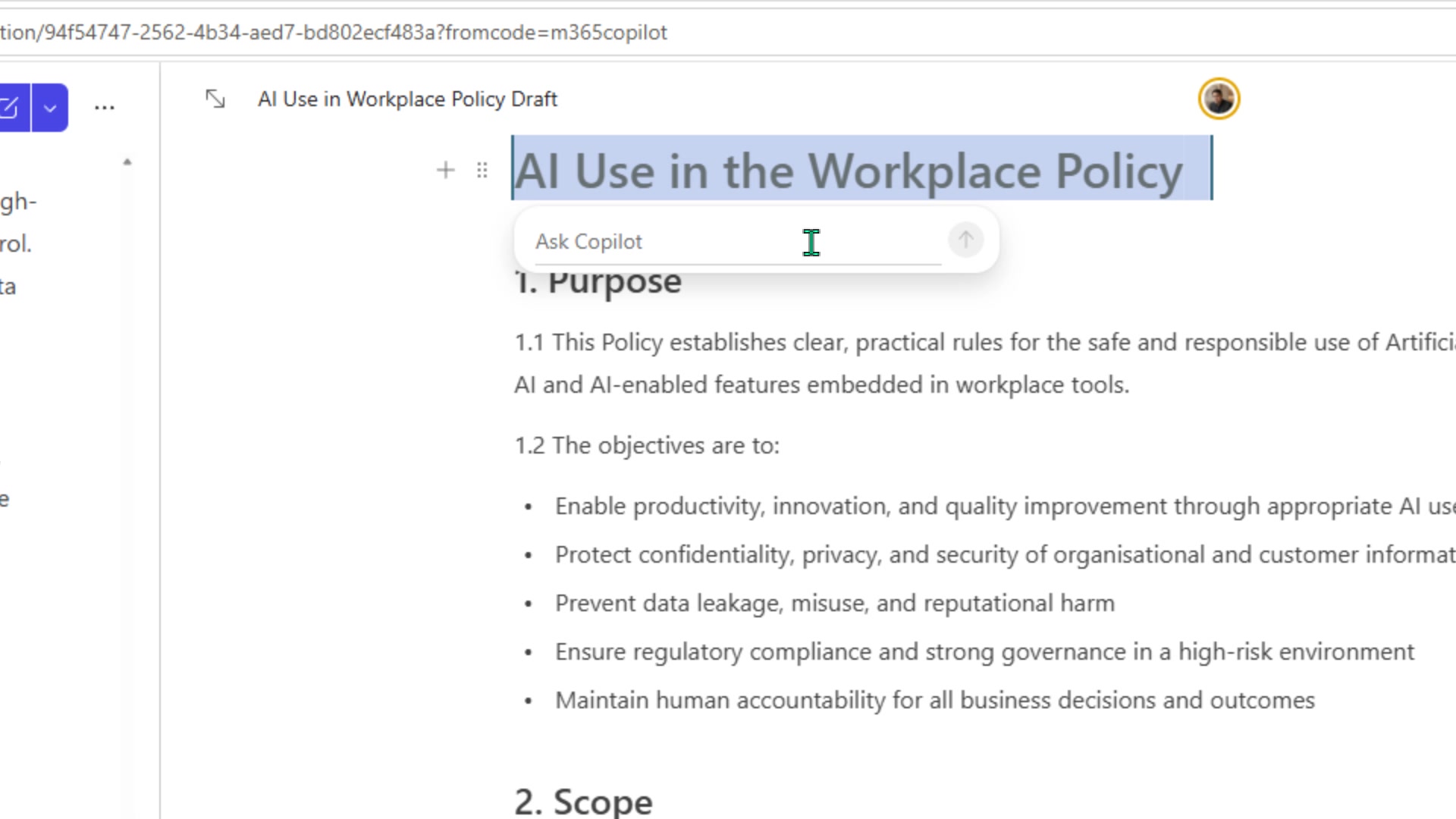 Pages title selected with the inline Ask Copilot box open, ready to accept a rename instruction