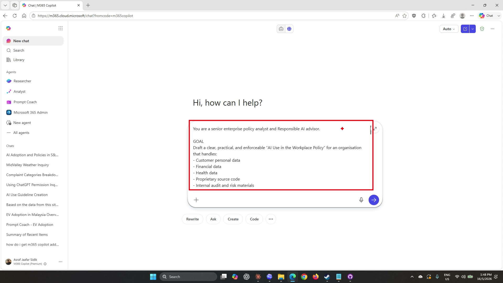 Full policy prompt typed into the Copilot Chat message box, highlighted with a red border