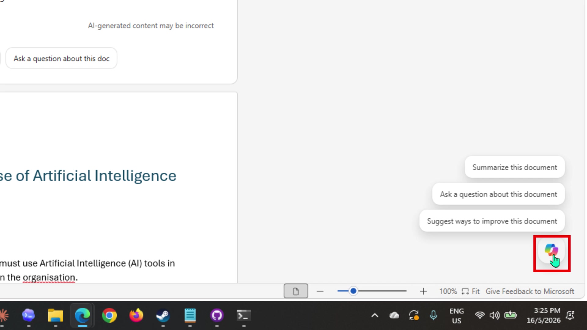 Copilot button at the bottom right of Word with three prompt suggestions floating above it