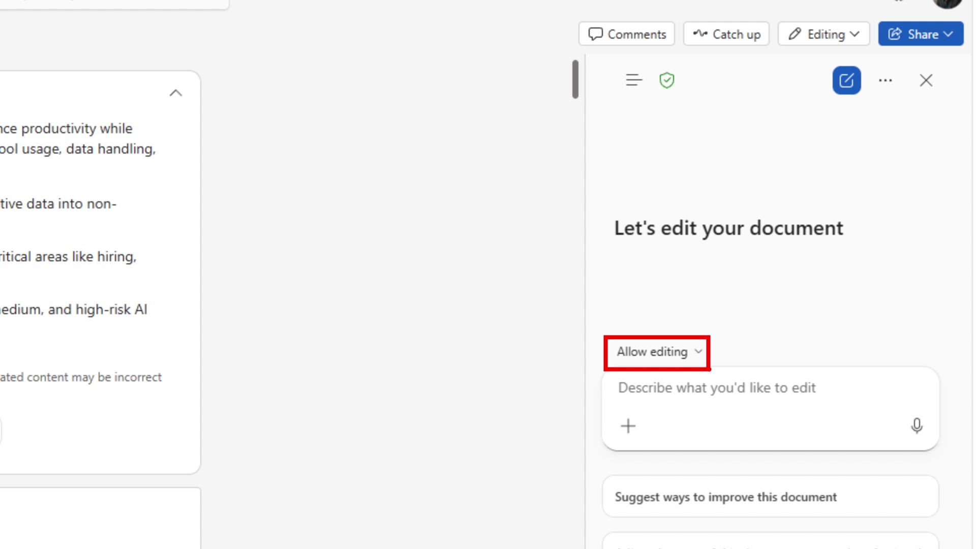 Copilot panel open on the right side showing the Allow editing dropdown highlighted