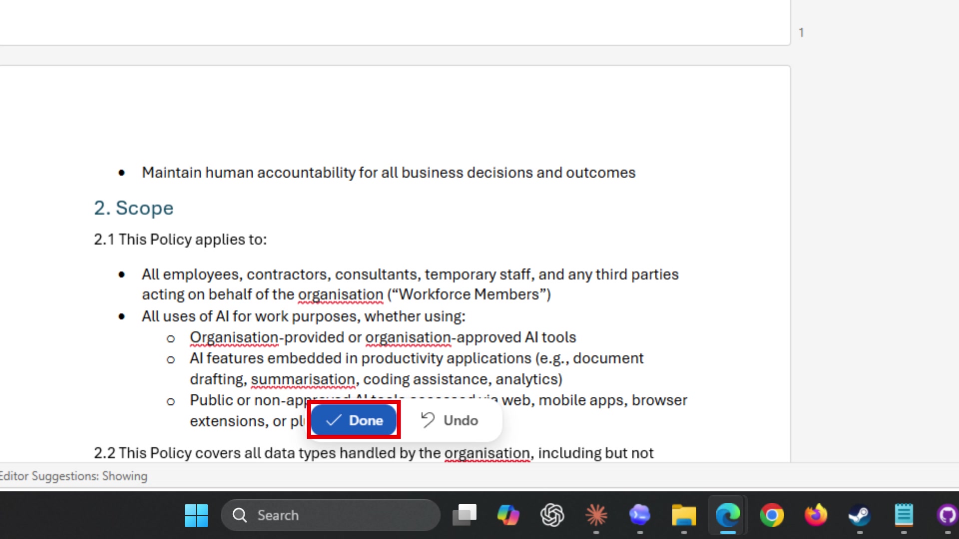 Done and Undo bar visible at the bottom of the Word document after Copilot makes changes