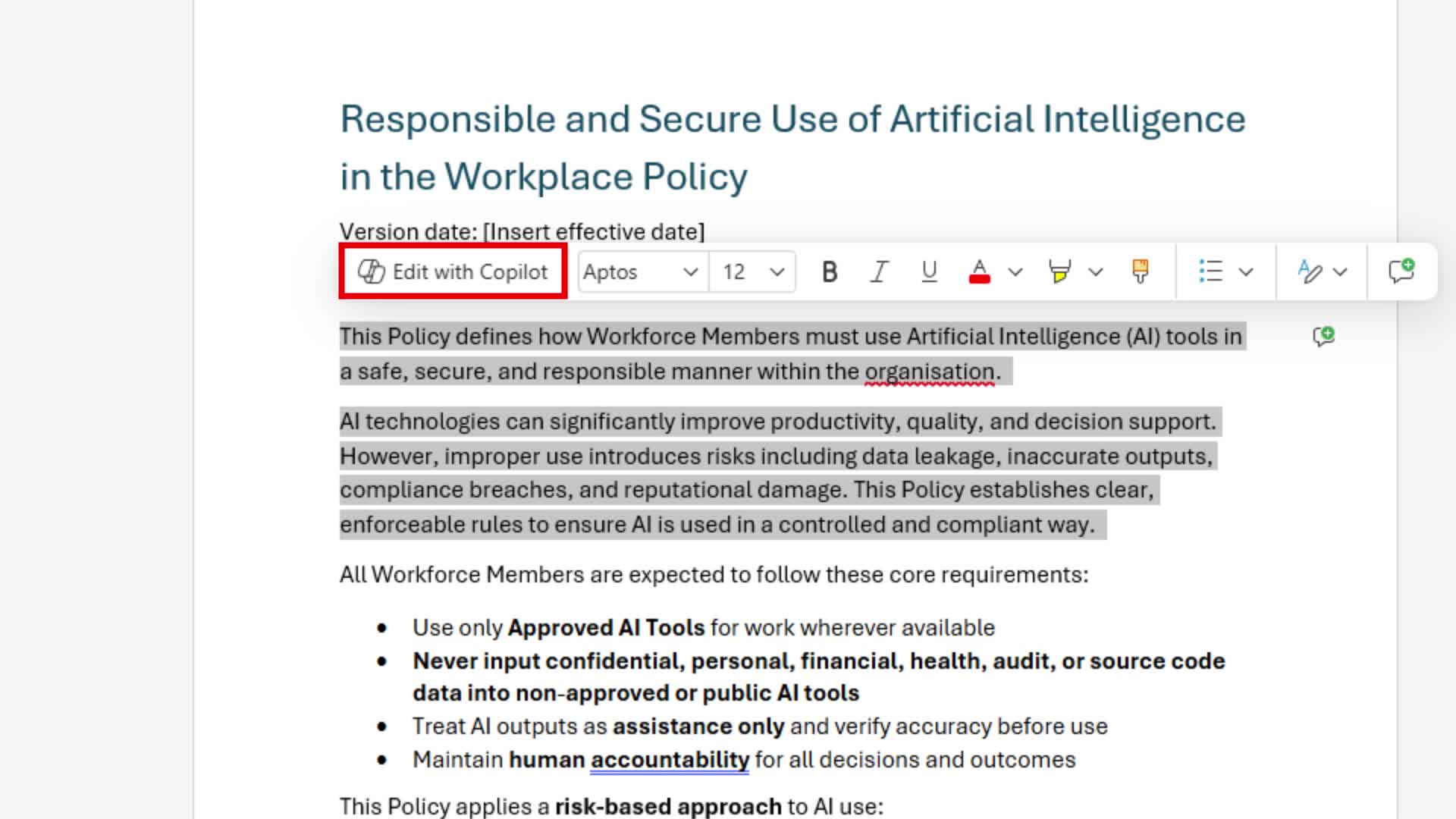 Selected text in the Word document showing the Edit with Copilot toolbar appearing above the selection