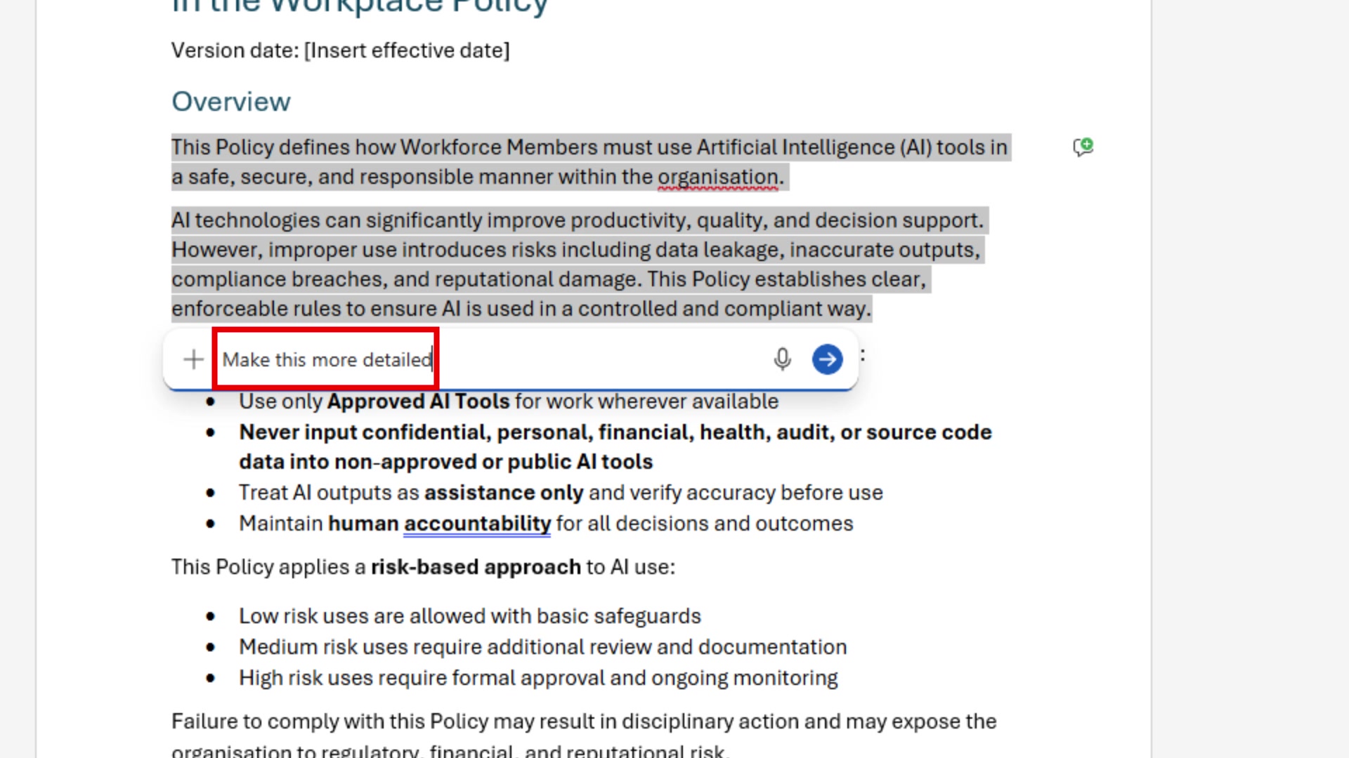 Inline prompt box showing "Make this more detailed" typed with the send button