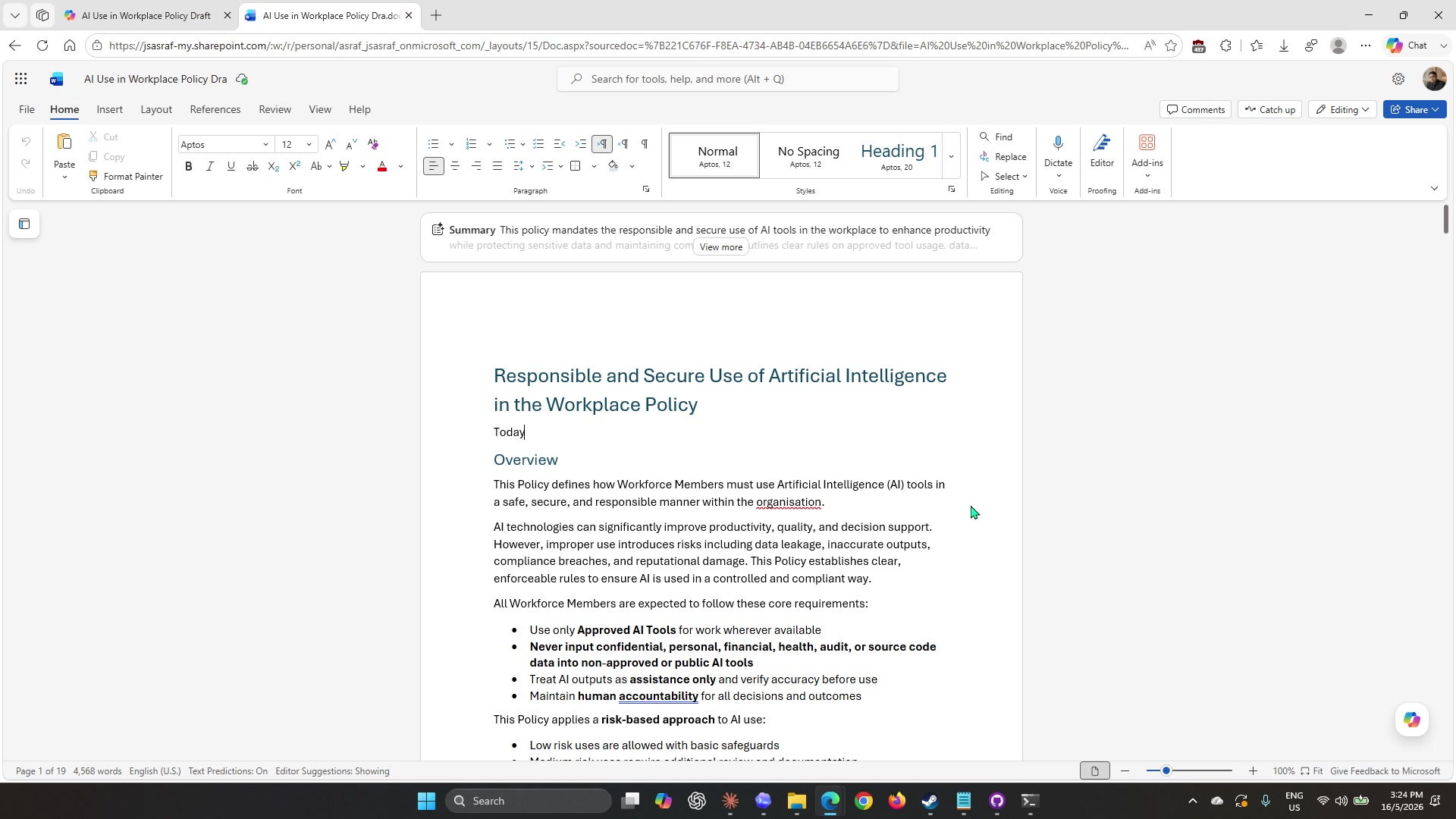 Word open in browser showing the AI Usage Guideline with the Summary banner at the top