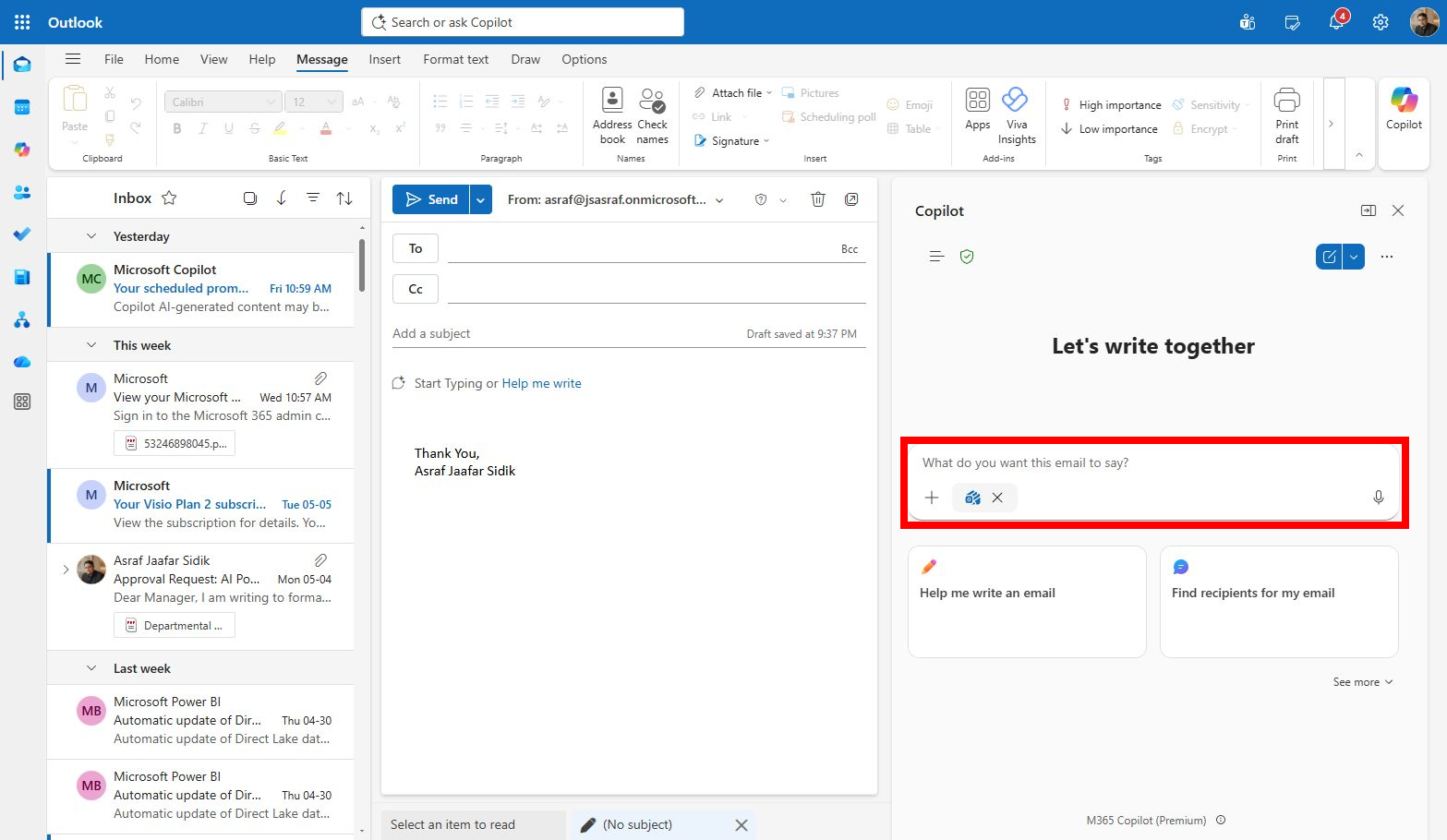 Draft with Copilot in Outlook